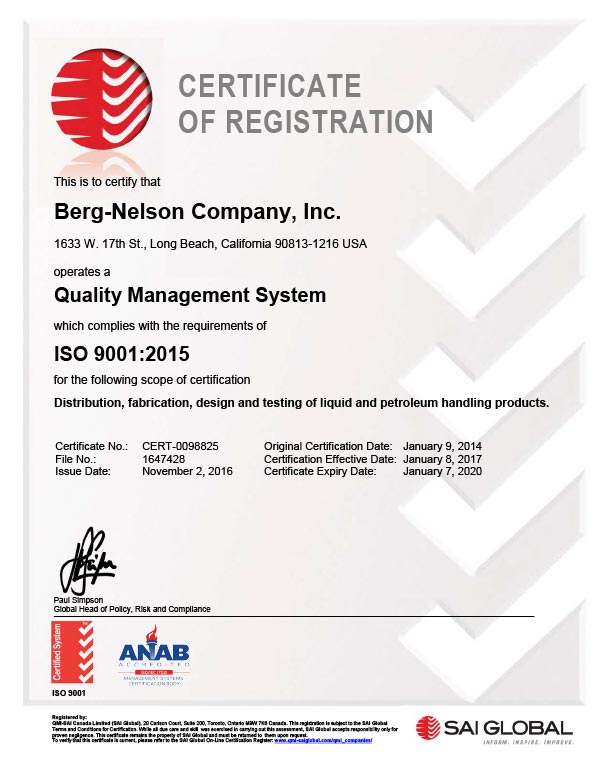 Certifications - ISO 9001 - Quality Management System | BERG - NELSON COMPANY, INC.